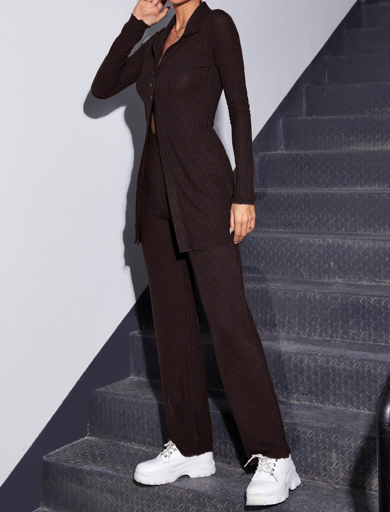 Buttoned Ribbed Two-Piece Knit Set