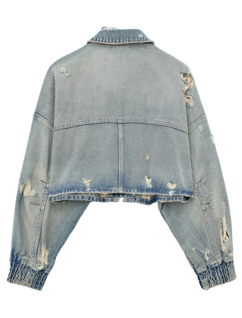 Cropped Distressed Denim Jacket