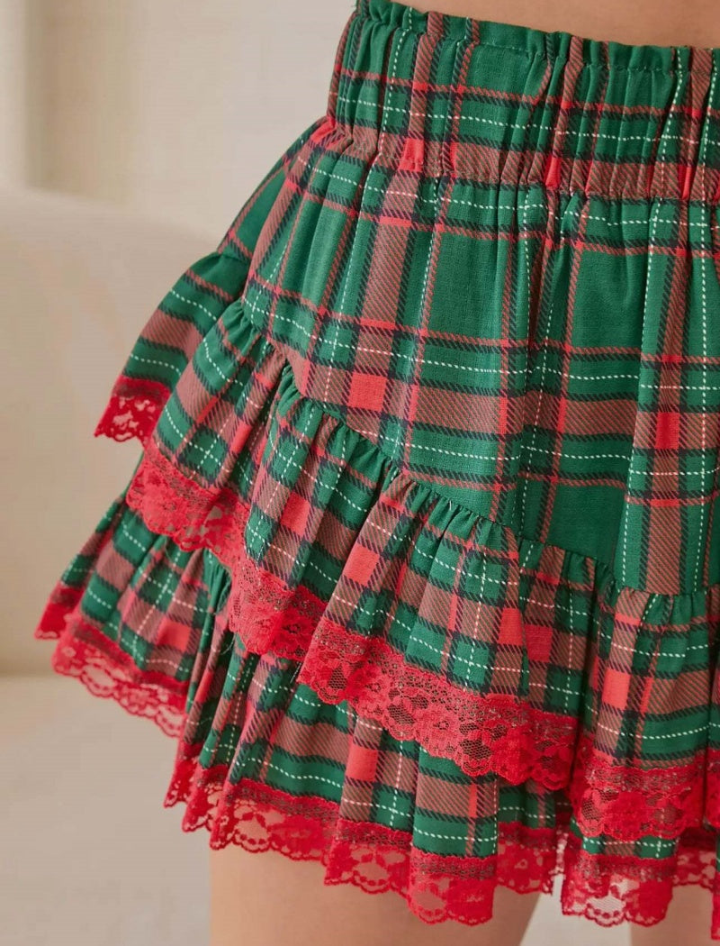 Plaid Ruffle Trim Mini Skirt