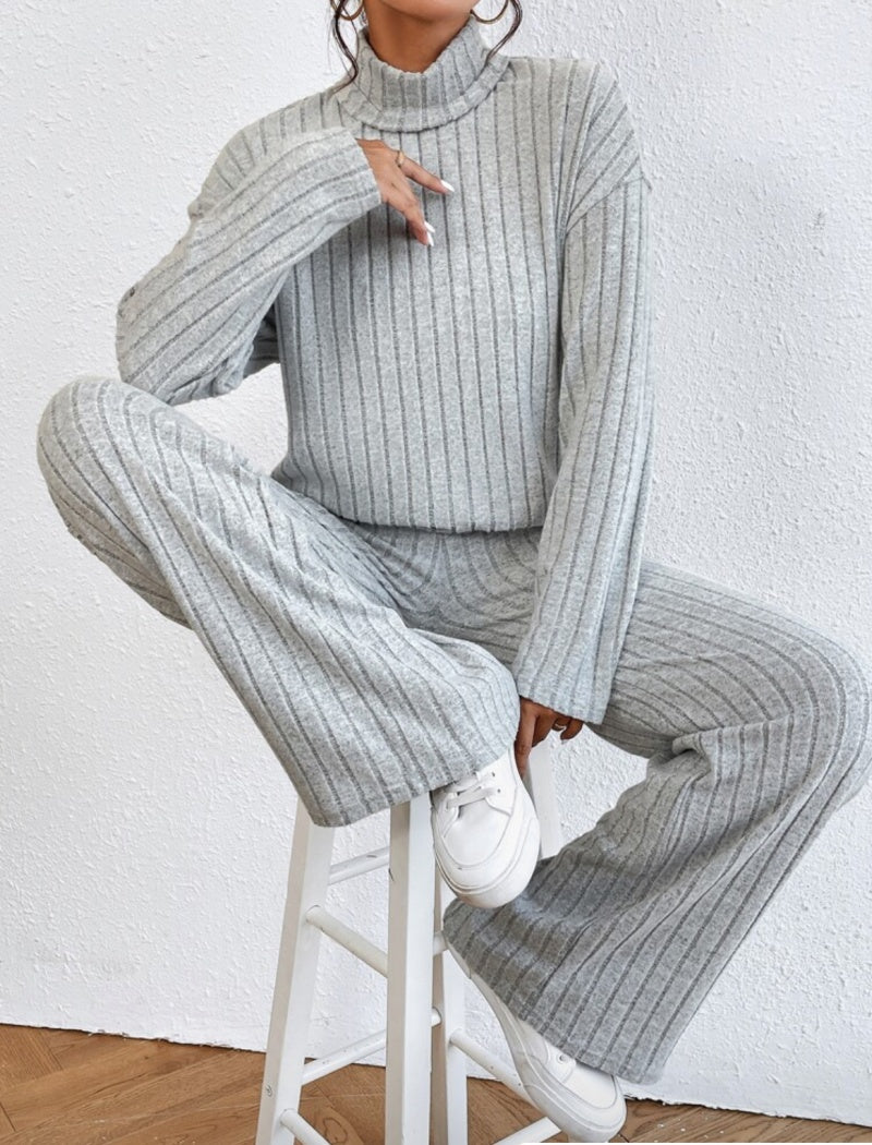 Ribbed Knit Long Sleeve Top and Pants Set