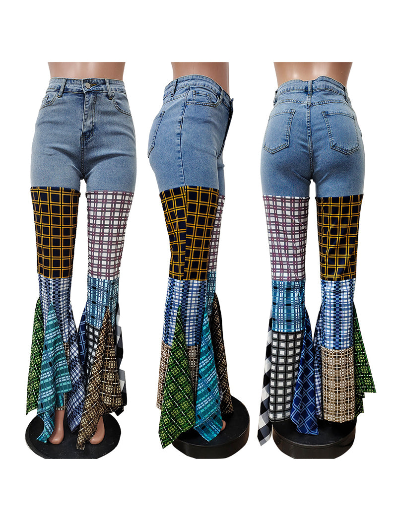 Patchwork Flare Leg Denim Pants