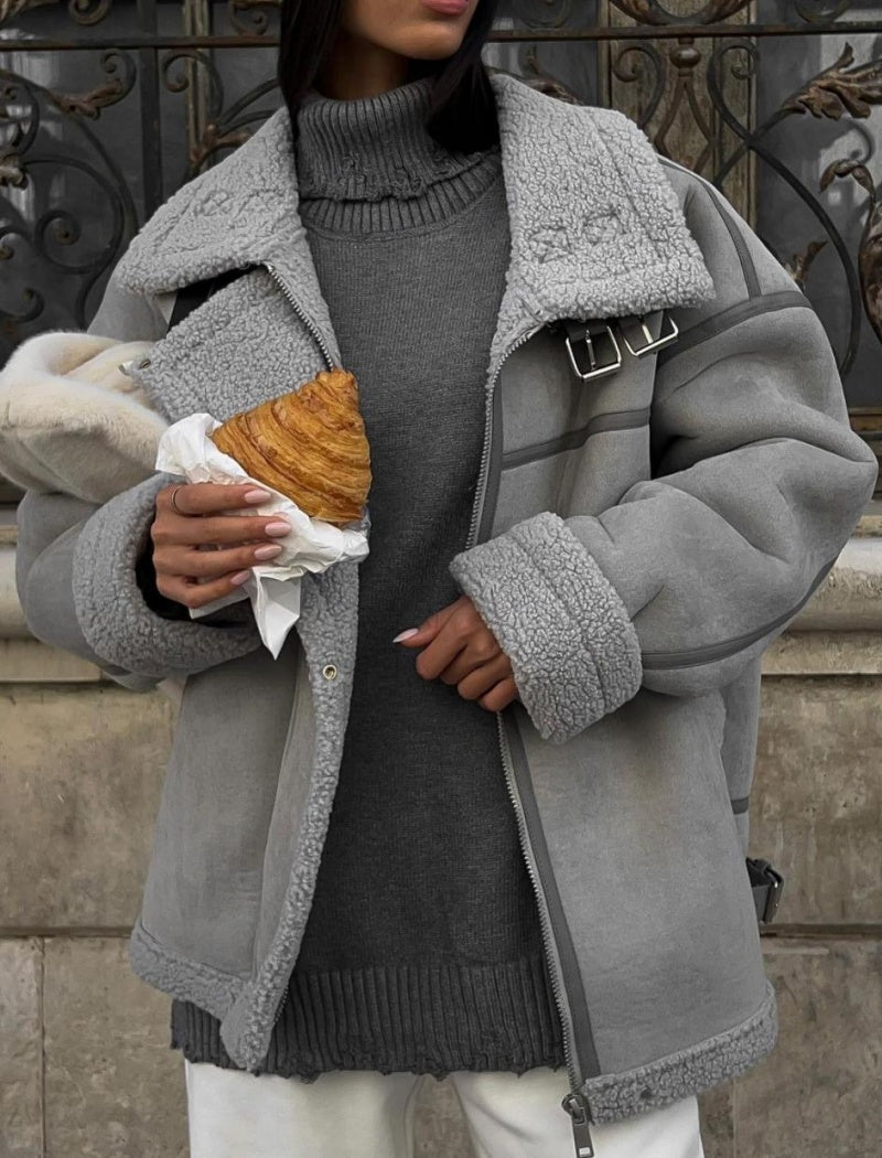 Oversized Shearling Jacket with Lapel Collar