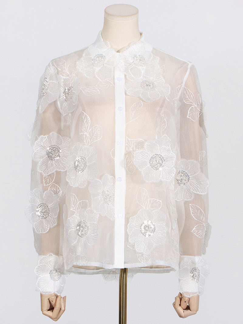 Sheer Floral Button-Up Shirt