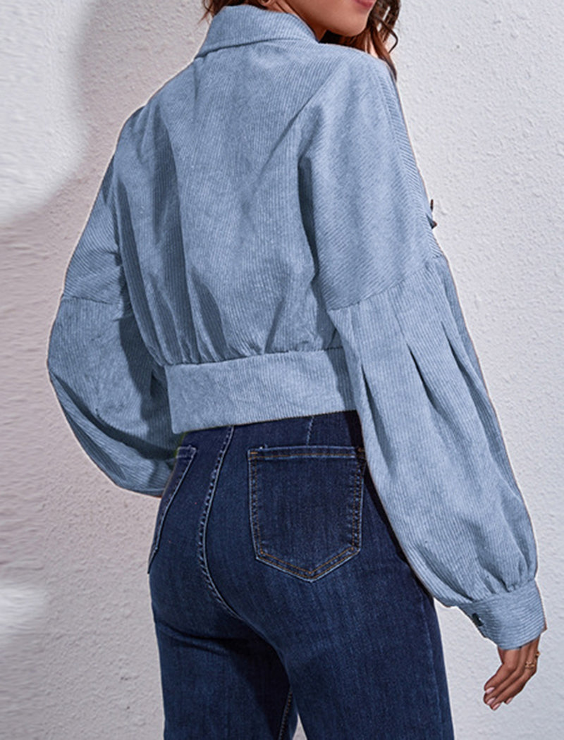 Corduroy Lantern Sleeve Cropped Jacket