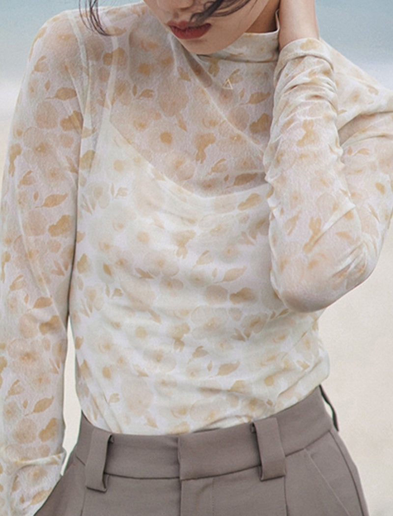 Semi-High Neck Printed Gradient Long Sleeve T-Shirt