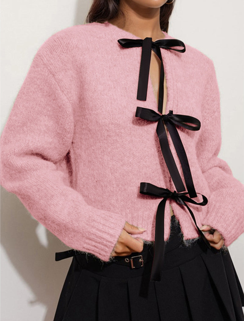 Bow-Knot Colorblock Lace-Up Long Sleeve Knit Top