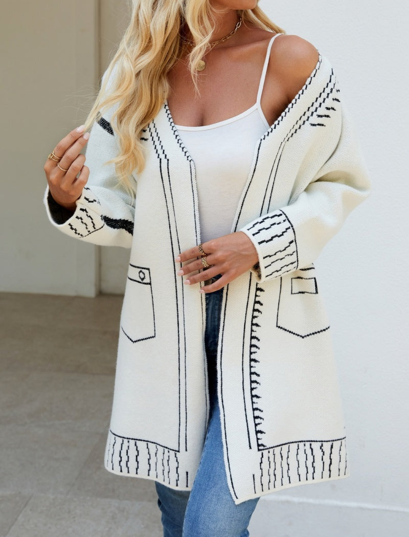 Illustrated Pattern Open-Front Long Cardigan