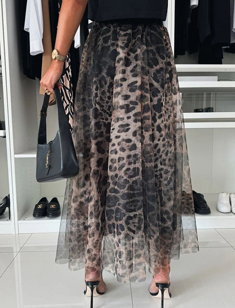 Leopard Print Tulle Overlay Midi Skirt