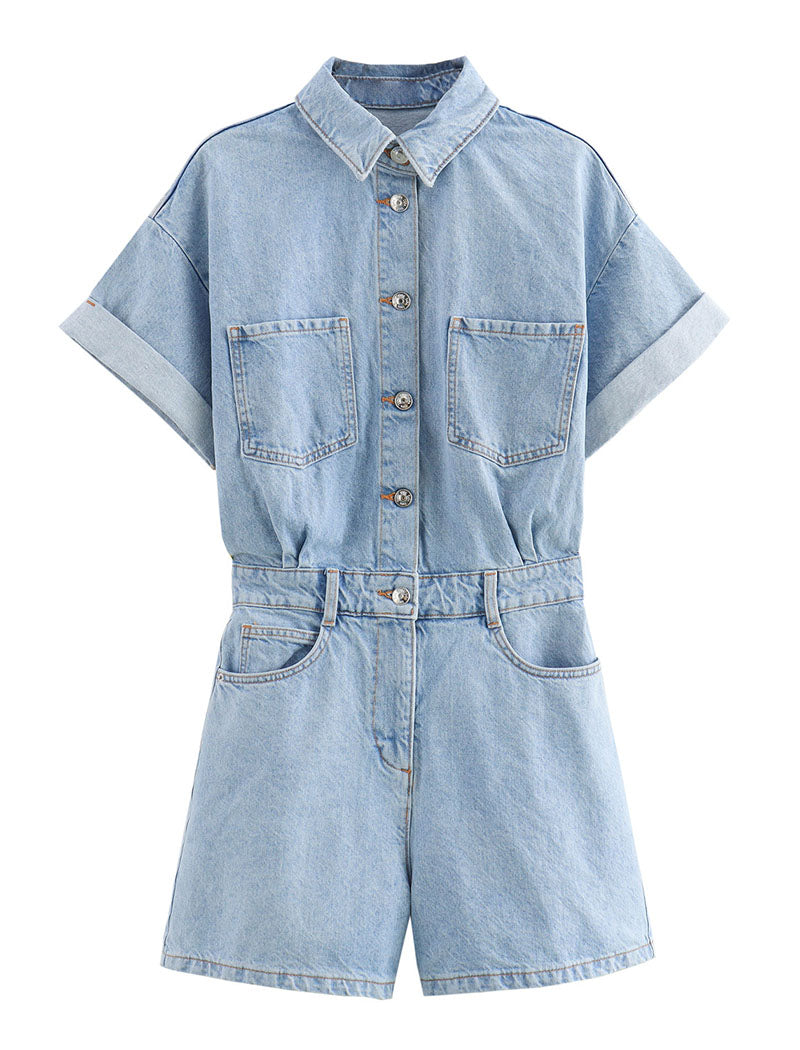 Collared Short Sleeve Denim Romper
