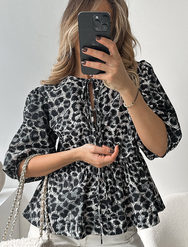 Leopard Print Tie-Front Puff Sleeve Shirt