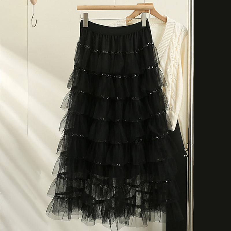 Layered Ruffle Tulle Midi Skirt