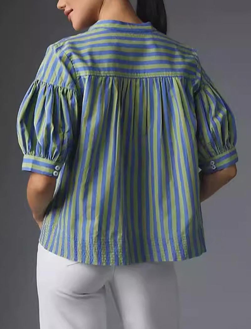 Striped V-Neck Puff Sleeve Blouse