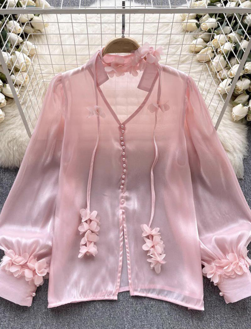 Floral Applique Blouse With Puff Sleeves