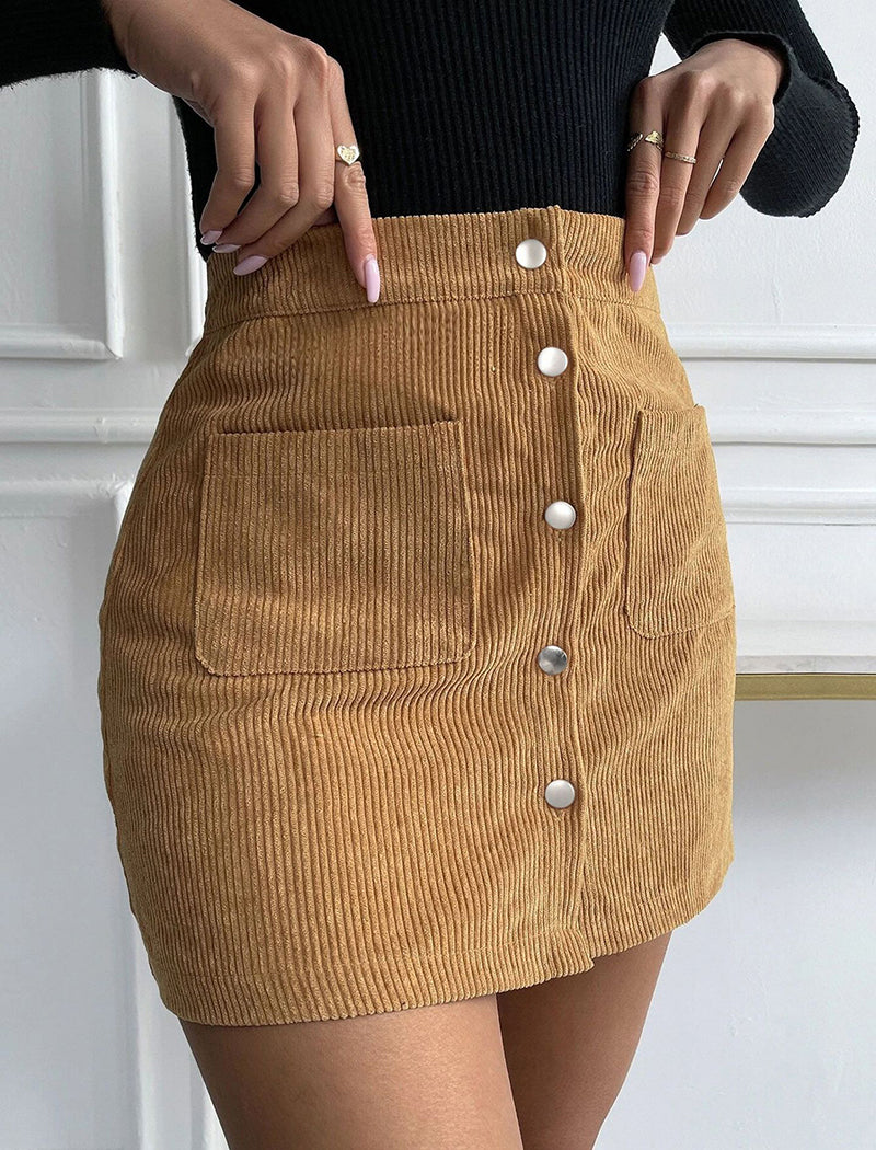Button-Up Corduroy Mini Skirt