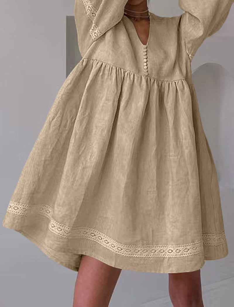 V-Neck Lantern Sleeve Loose Mini Dress