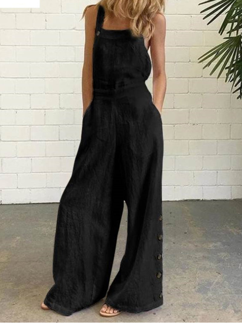 Solid Sleeveless Button Jumpsuit