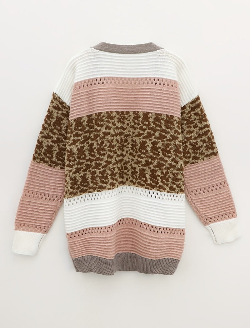 Striped Patchwork Knit Cardigan with Open Front