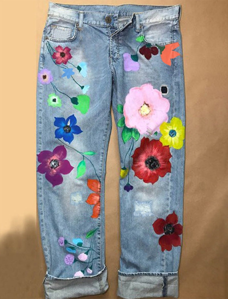 Floral Embellished Distressed Jeans