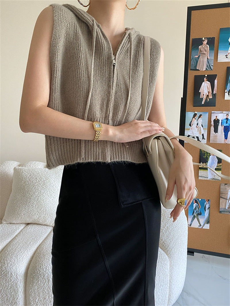 Hooded Zip-Up Knit Vest