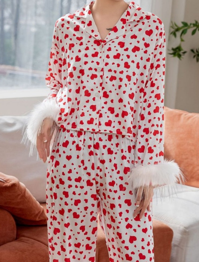 Long-Sleeve Heart Print Crop Pajama Set