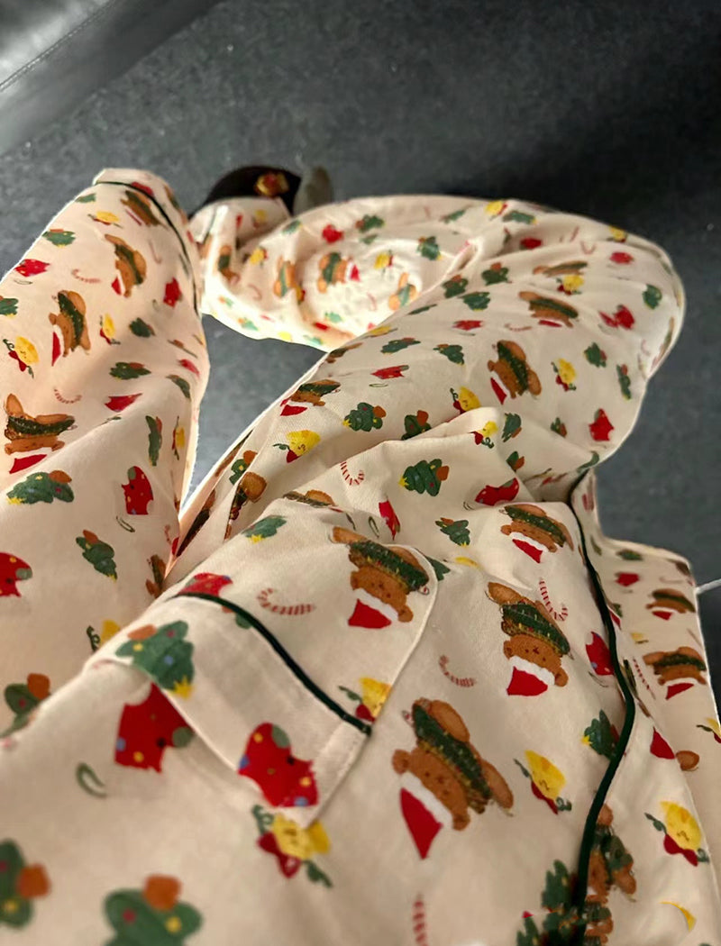 Long Sleeve Long Pants Cartoon Christmas Bear Pajama Set