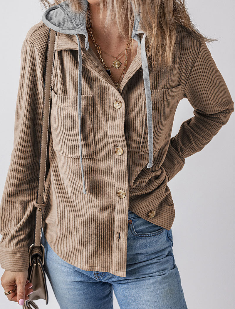 Button-Up Hooded Casual Long Sleeve Top