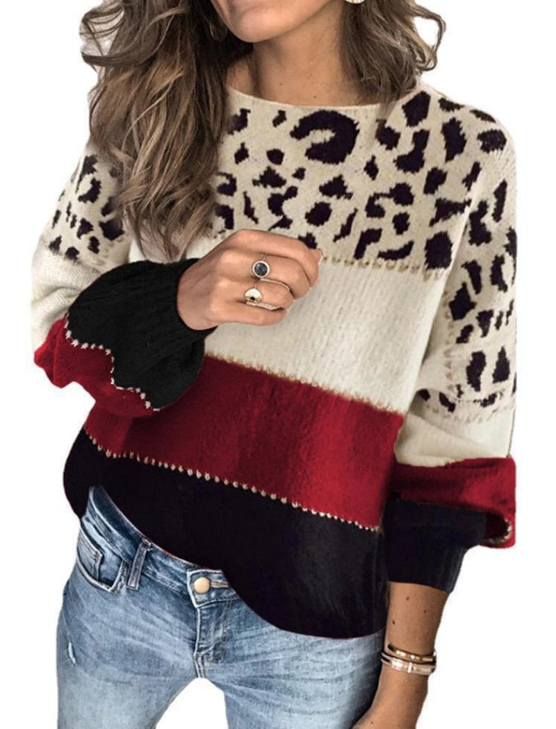 Leopard Print Colorblock Sweater with V-Neck