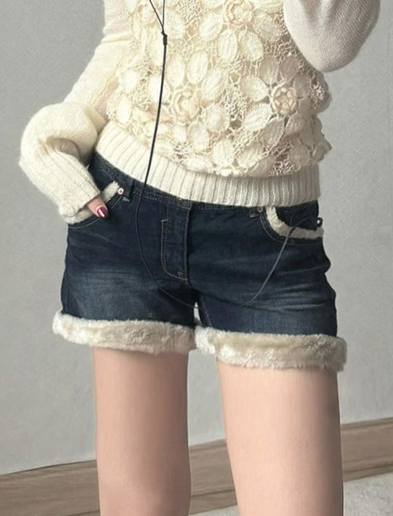 Patchwork Faux Fur Denim Shorts