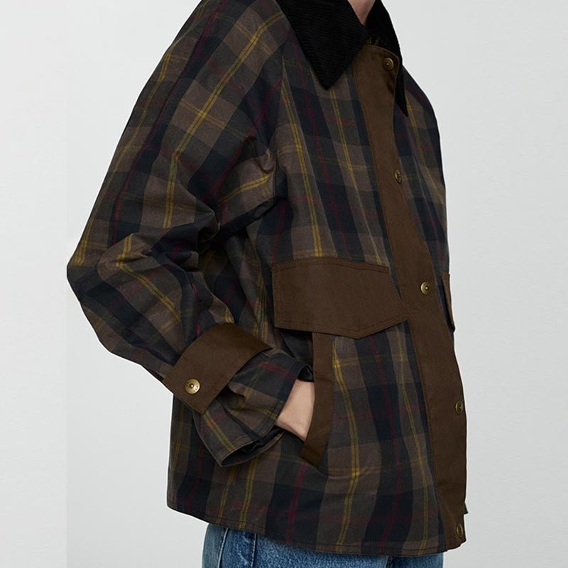 Plaid Faux Fur Collar Zip-up Jacket