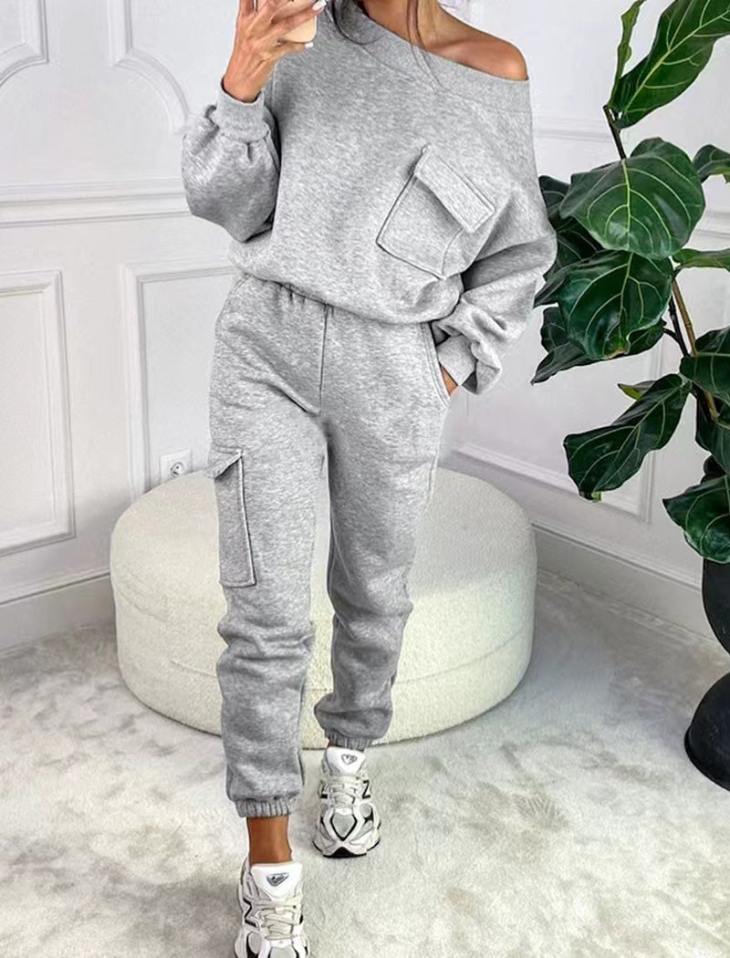 Casual Grey Pocketed Top and Pants Set