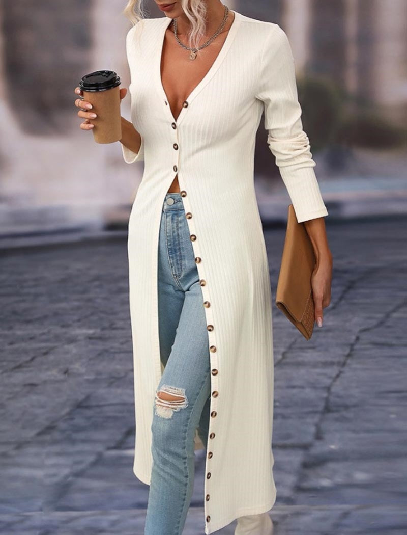 Ribbed Button-Up Longline Cardigan
