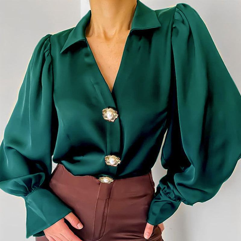 Satin Button-Up Blouse with Statement Sleeves