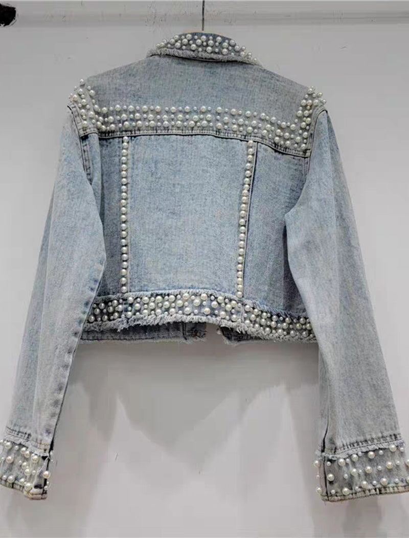 Cropped Denim Jacket with Embellished Accents