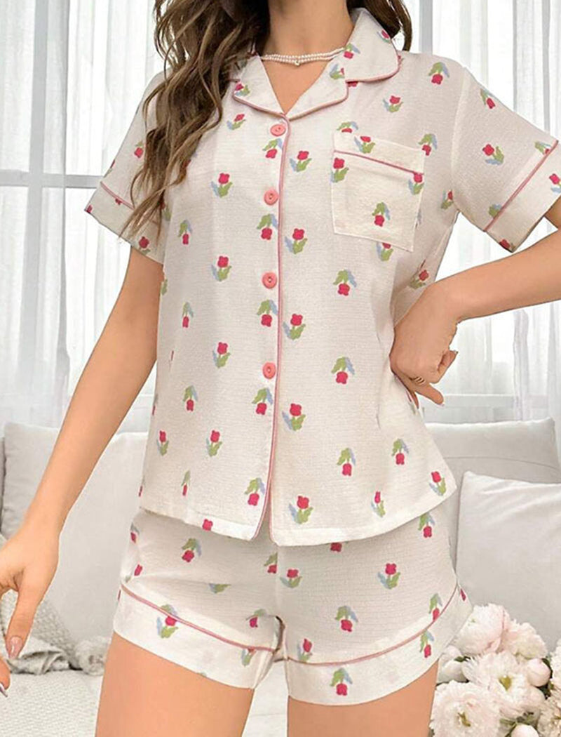 Floral Print Pocket Lounge Set Pajamas