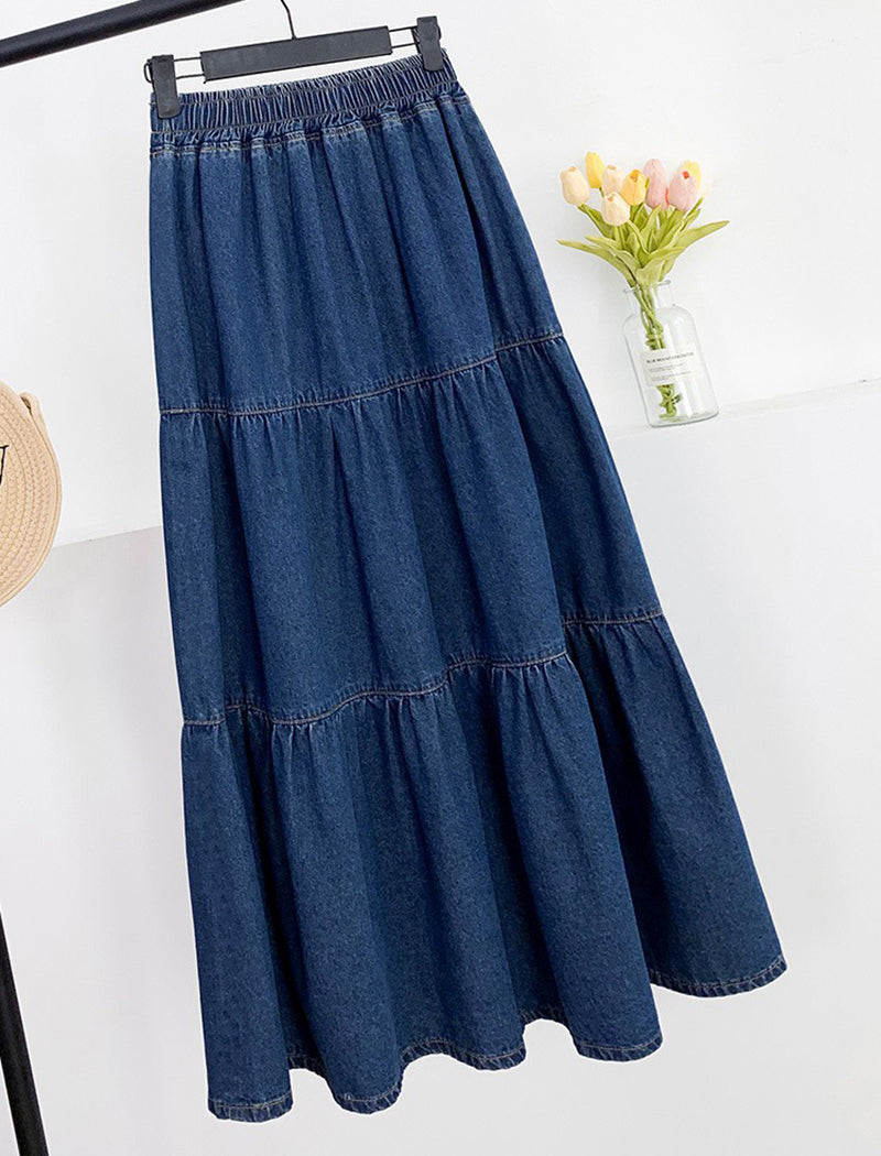 Plus Size Denim High Waisted Midi Skirt