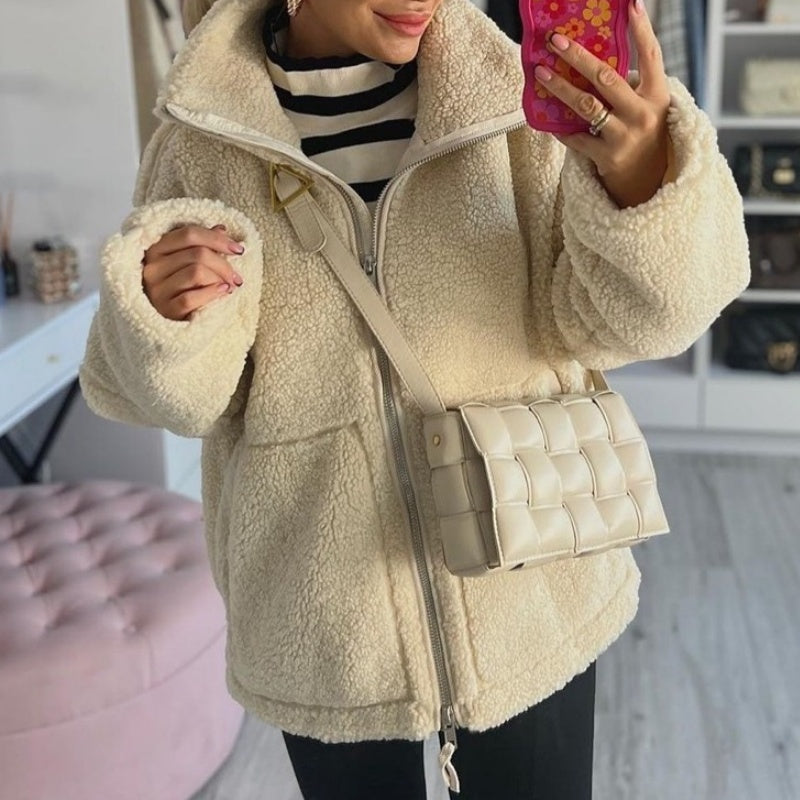 Zip-Up Teddy Jacket with Oversized Fit