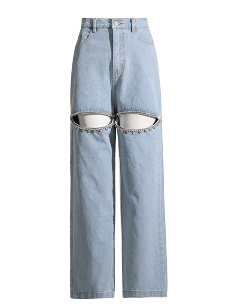 Cutout Rhinestone Straight-Leg Jeans