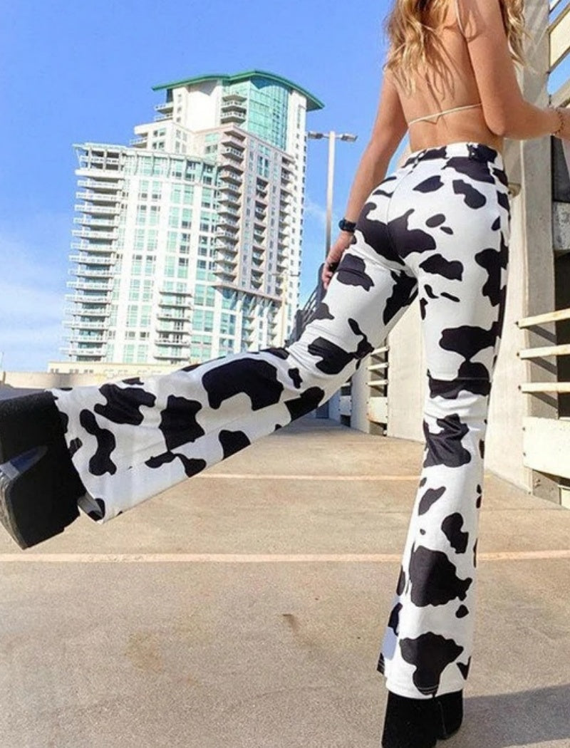 High-Waist Flared Cow Print Pants