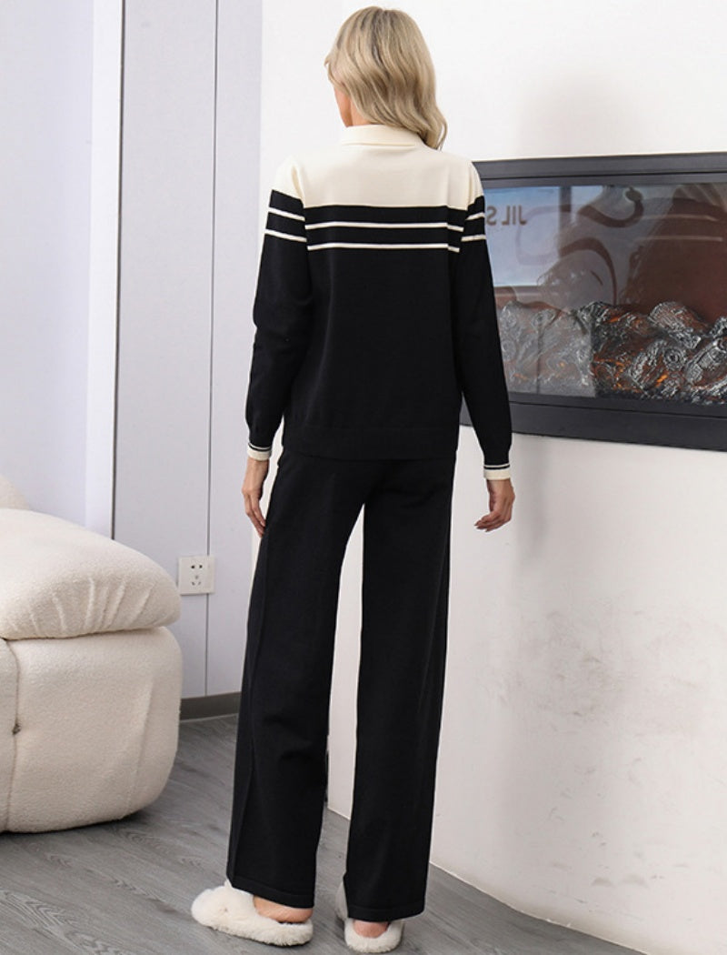 Contrast Collar Striped Loungewear Set