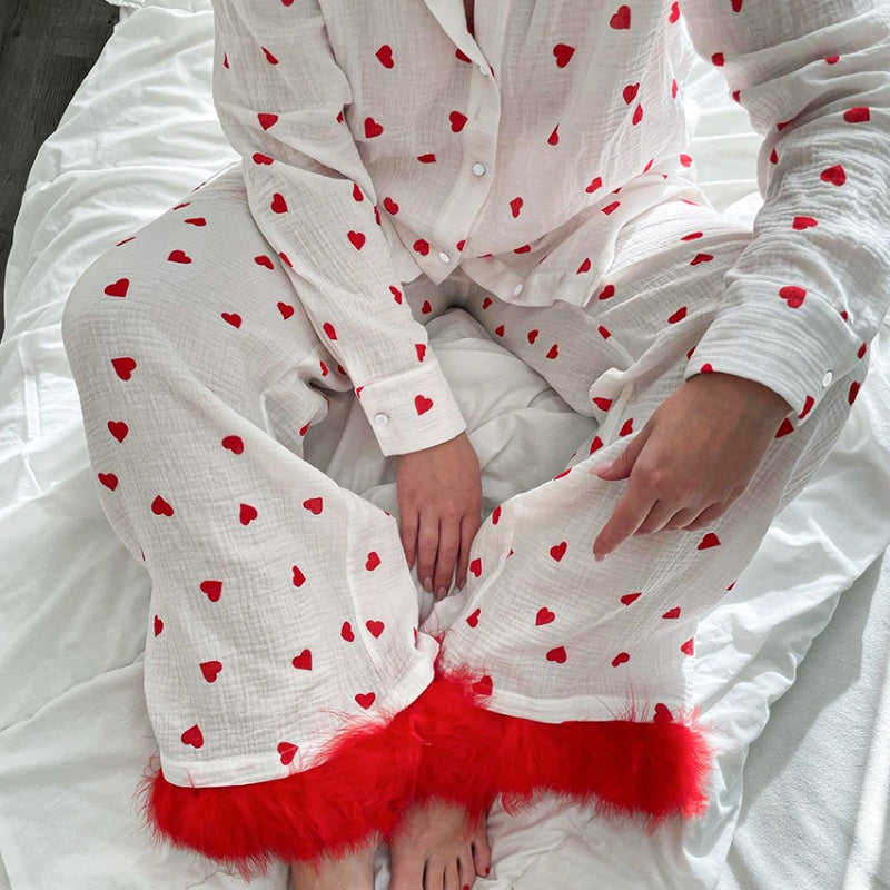 Heart Print Pajama Set with Feather Trim