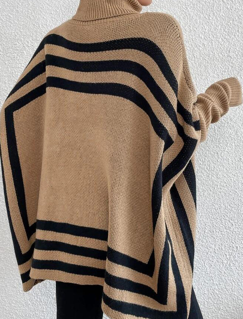 High Neck Striped Batwing Sleeve Cape Sweater