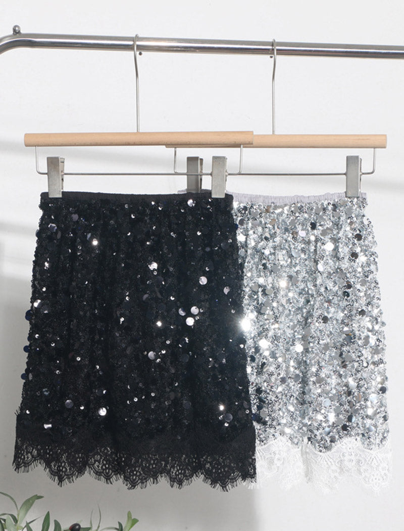 Glitter Sequin Lace Hem Mini Skirt