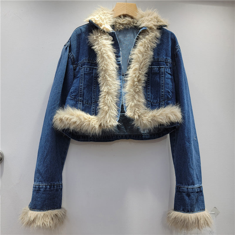 Cropped Denim Jacket with Fur Trim