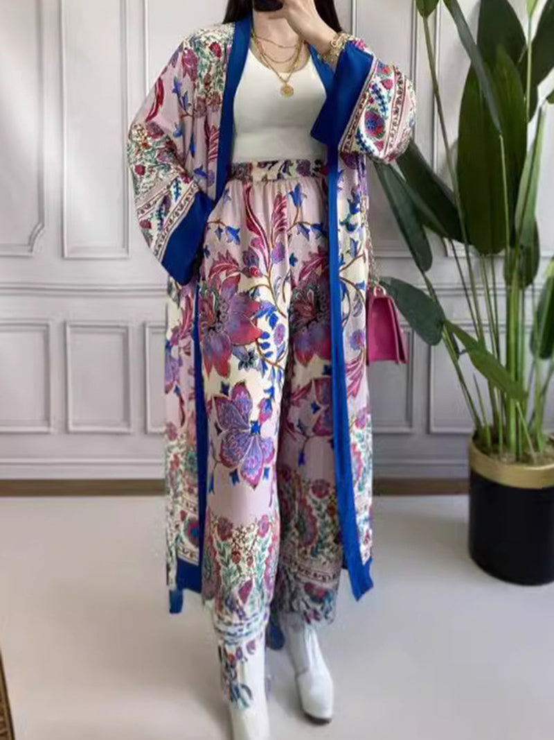Floral Print Open Front Kimono and Wide-Leg Pants Set