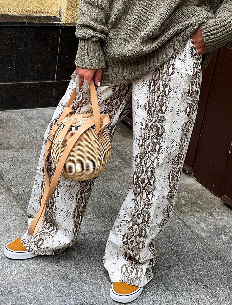 Snake Print Straight-Leg Stretch High-Waisted Pants