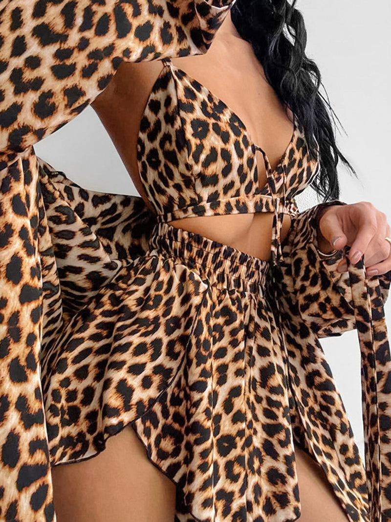 Leopard Print Bralette and Shorts and Kimono Set