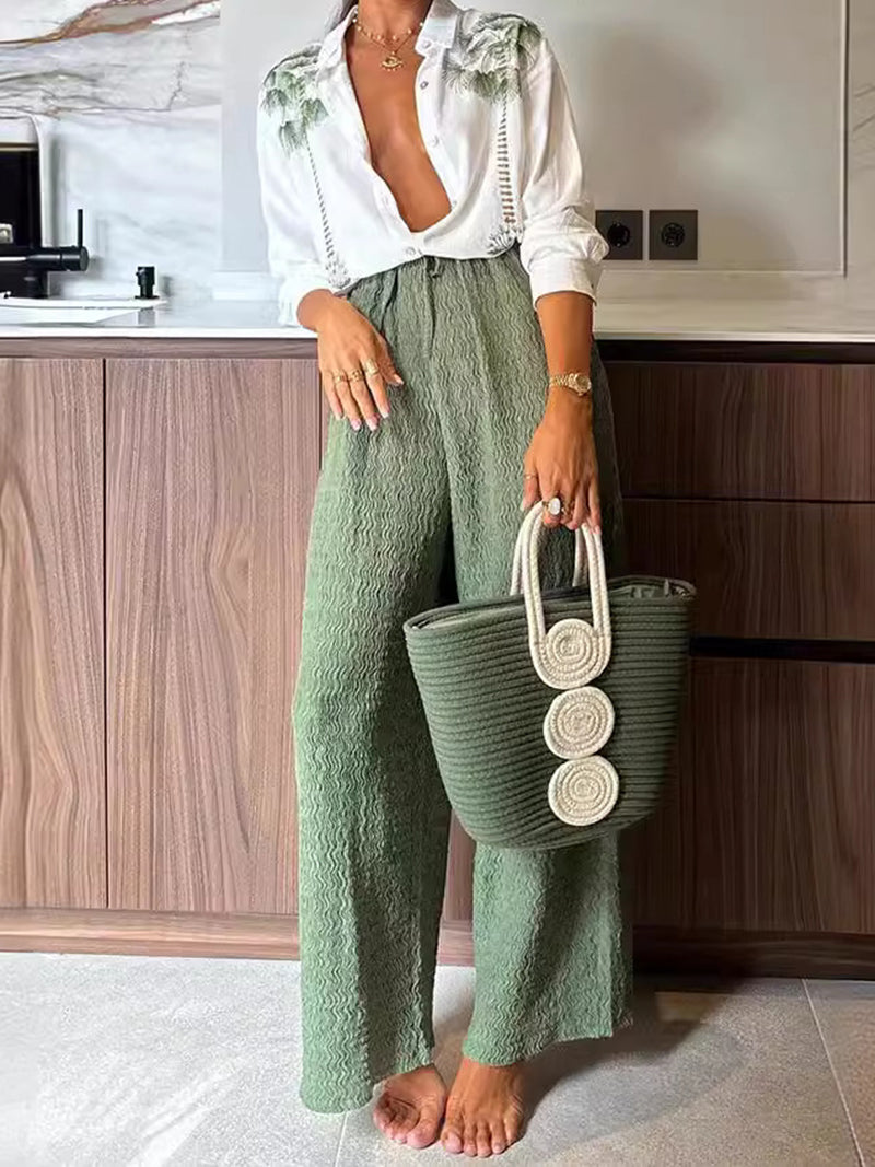 Graphic Print Blouse and Drawstring Pants Set