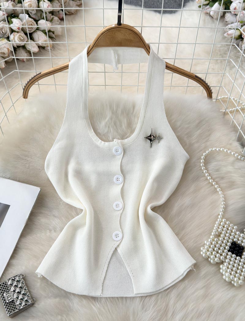 Sleeveless Button-Front Knit Vest