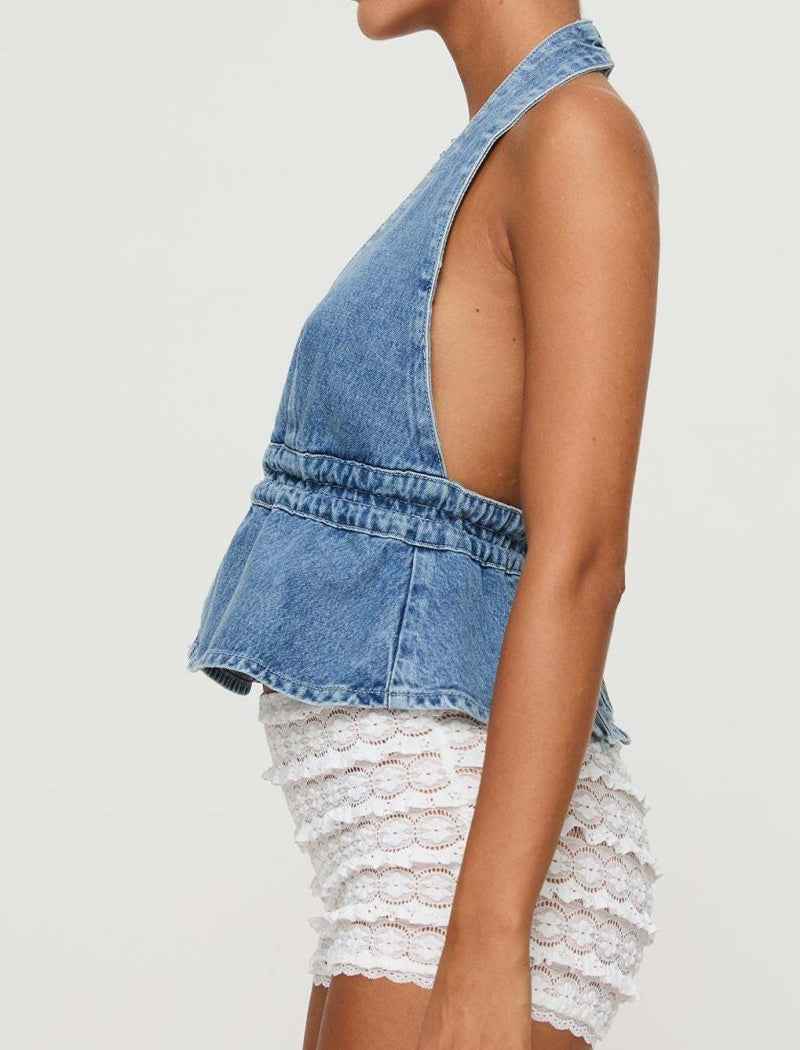 Halter Denim Top with Cutout Detail