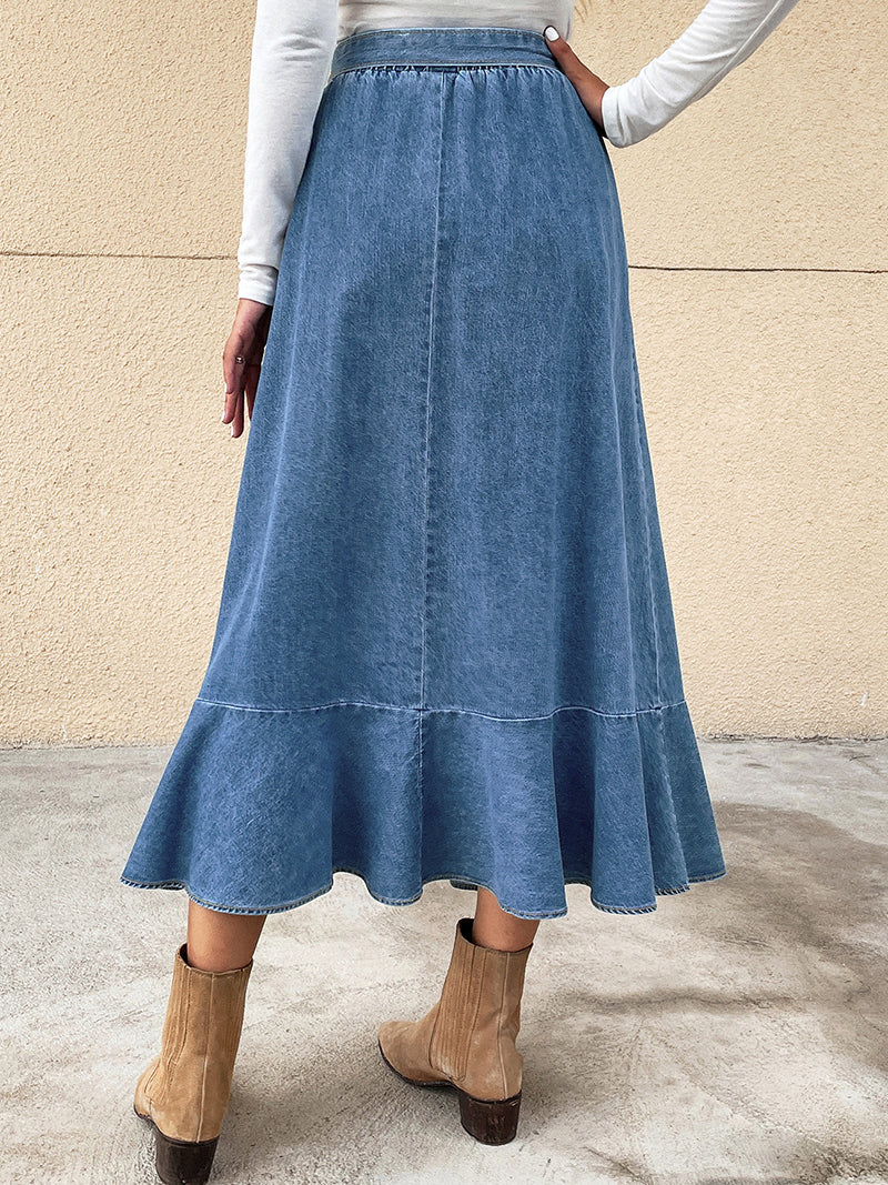Denim Self-Tie Midi Skirt